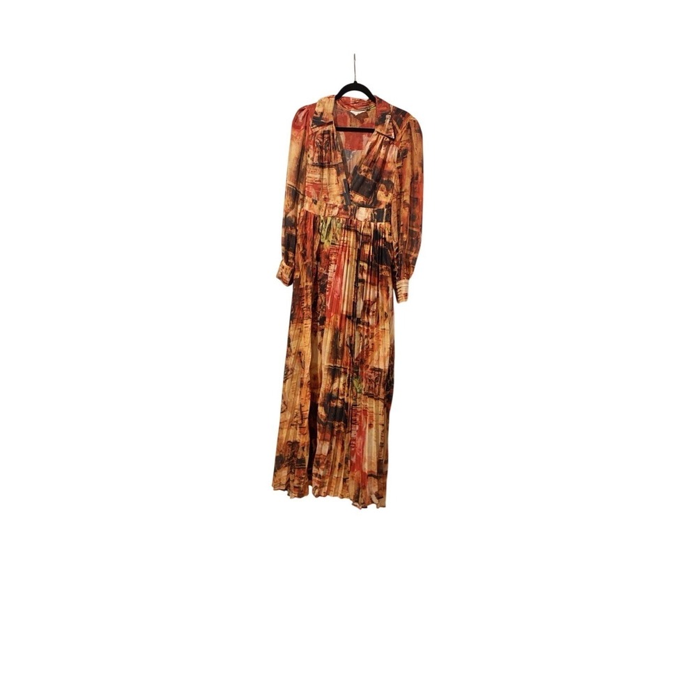 L'atiste Maxi Dress Women Medium Orange Excellent Pleated‎ Abstract Long Sleeve